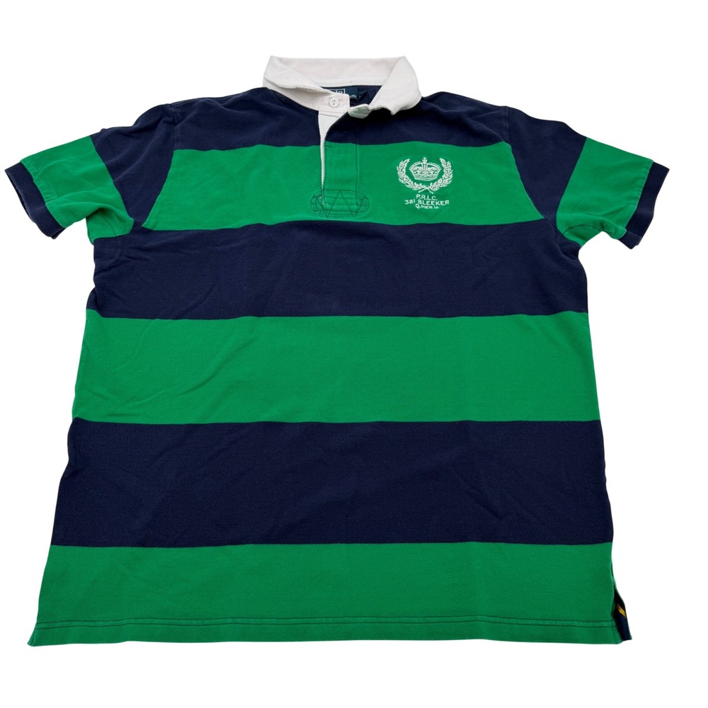 Polo Ralph Lauren Mens XL Rugby Shirt Short Sleeve Navy Green Striped Crest 7